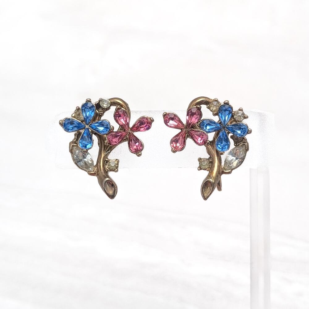 Vintage Screw On Earrings Large Pink & Blue Flower Floral - Fair Condition